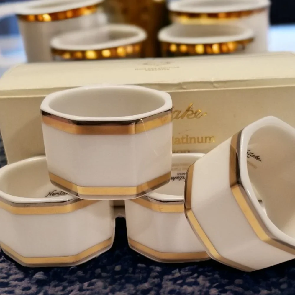 Gold & Platinum Band Napkin Holder Set 4-Noritake Vintage Napkin Rings Colection - Picture 8 of 13